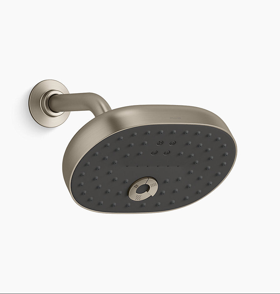 Shower head with black finish and silver nozzle on a white background