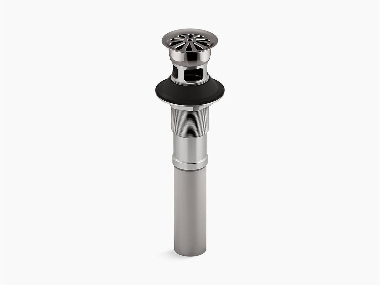 Stainless steel sink drain with black overflow on a white background