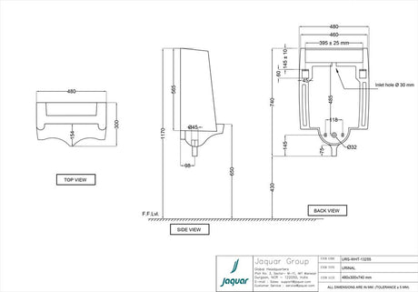 URINAL SENSOR BUT W/O SENSOR KIT - JAQUAR SWARE -  ( WHITE - URINAL - 740x300 mm - 29.6inchX12inch )