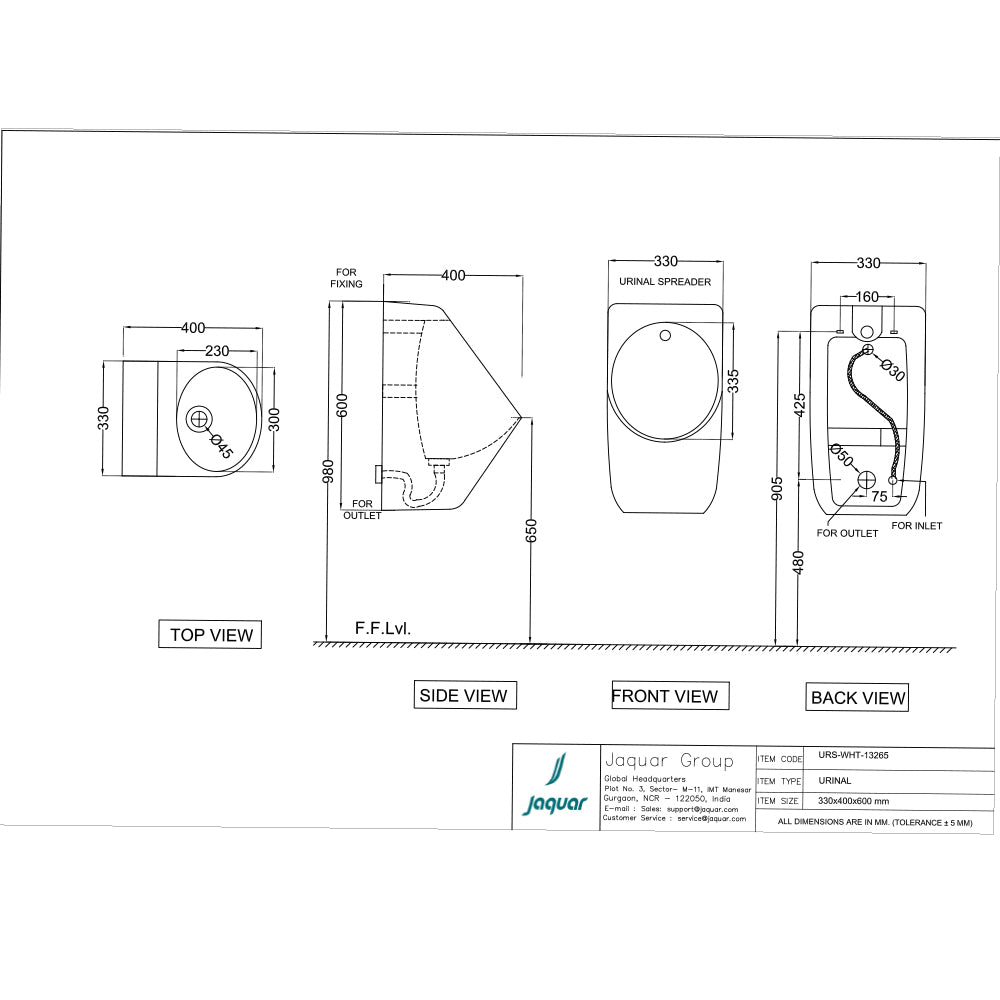 URINAL WITH SPREADER AND FIXING ACCESSORIES SET - JAQUAR SWARE - ( WHITE - URINAL - 330x400 mm - 13.2inchX16inch )