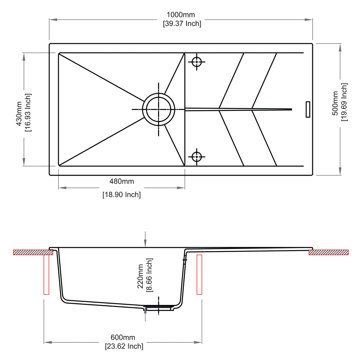 QUARTZ 1.0 BOWL WITH DRAINBOARD(DEPTH 8INCH) - CARYSIL -  ( GRANITE CORNFLAKES - JAZZ - 1000x500 mm - 40inchX20inch )