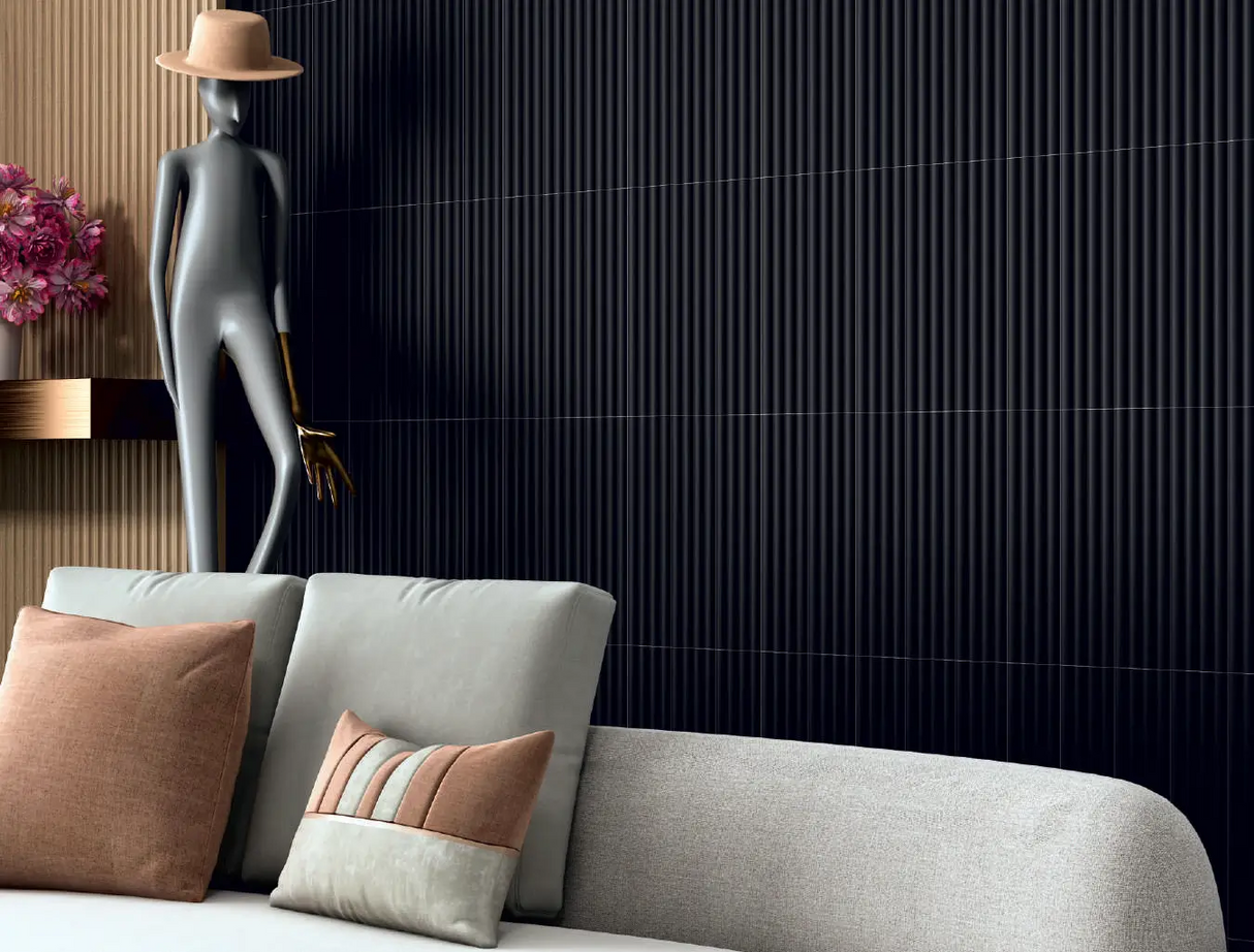 FLUTE CRON BLACK 10MM - COLORTILE -(FLUTE MATT - 300x75 mm - 12inchX3inch )