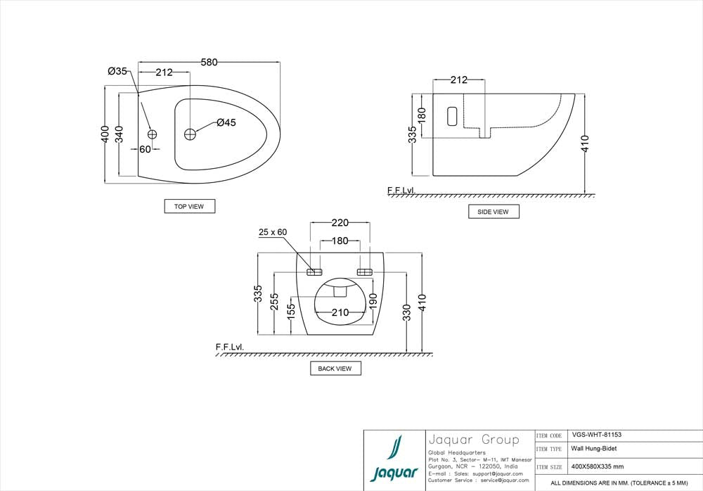 WALL HUNG BIDET WITH ACCESSORIES SET - JAQUAR SWARE - ( WHITE - VIGNETTE - 400x580x350 mm - 16inchX23.2inchX14inch )