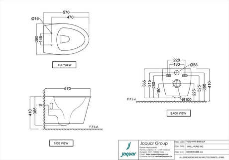 WALL HUNG WC RIMLESS W/SEAT COVER ( BOLT DISTANCE 7INCH OR 9INCH)-JAQUAR SWARE-(390x570x365mm-15.5x22.5x14.5inch)