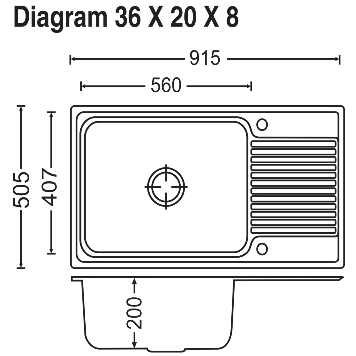 1.0 BOWL WITH DRAINBOARD (DEPTH 8INCH) THK 1MM  - CARYSIL -  ( MATT - VOGUE - 914x505 mm - 36inchX20inch )
