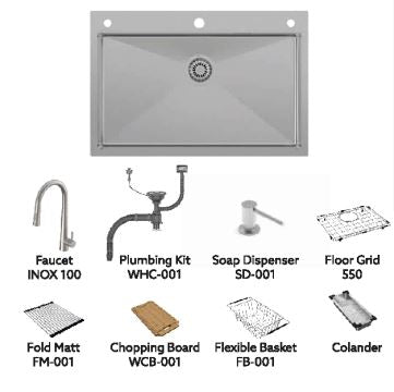 1 BOWL W/O DRAIN BOARD W/INOX 100 FAUCETS  (DEPTH 8INCH) FULLY LOADED (THK 1MM) - CARYSIL -  ( MATT - WALTZ 610 R10 FULLY LOADED - 610x507 mm - 24inchX20inch )