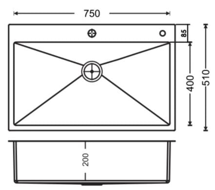 1 BOWL W/O DRAIN BOARD W/INOX 100 FAUCET W/ACCESSORIES(DEPTH 8 ) FULL LOADED THK 1MM - CARYSIL -  ( MATT - WALTZ 750 R10 FULL LOADED - 750x500 mm - 30inchX20inch )
