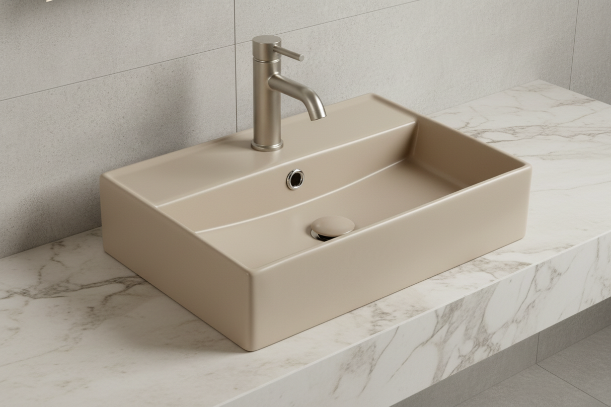 TABLE TOP WASH BASIN WITH TAP HOLE AND OVERFLOW, WITHOUT WASTE COUPLING - LUXELET - ( ALMOND BEIGE - NEOTRA COLLECTION - 500x350x120 mm - 20inchX14inchX4.8inch )