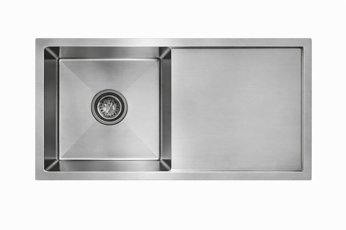 SS KITCHEN SINK 1.0 BOWL WITH DRAINBOARD (DEPTH 9)WITH FA-07 WASTE COUPLING WITH PLUMBING KIT - FUTURA - ( BRUSHED FINISH - HAND CARVED SERIES - 915x508 mm - 36inchX20.32inch )
