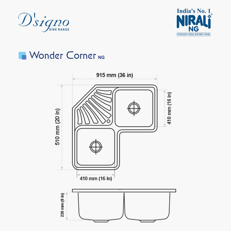 SS SINK 2.0 BOWL WITH DRAIN BOARD(DEPTH 9INCH)WONDER CORNER SMALL - NIRALI -  ( SATIN - D SIGNO - 915x510 mm - 36inchX20inch )