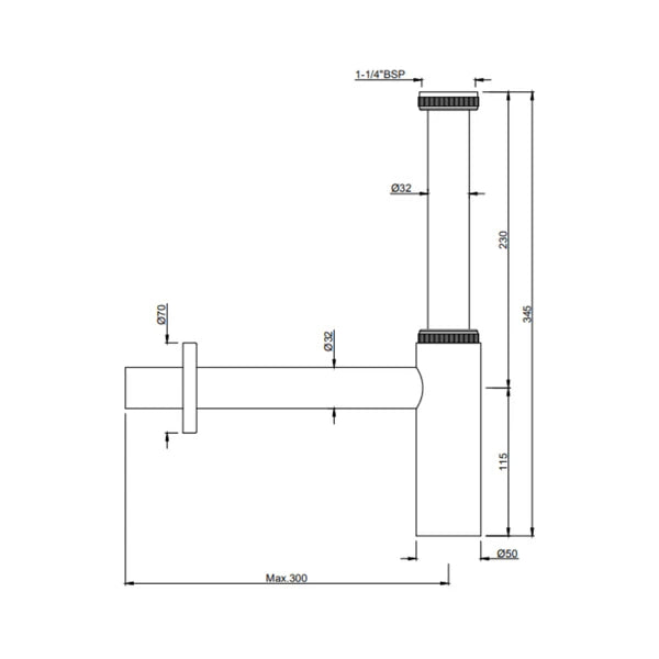 BOTTLE TRAP(W/INTERNAL PARTITION)32MM W/WALL FLANGE - JAQUAR FAUCETS - ( GOLD MATT PVD - ALLIED - 300x32 mm - 12inchX1.25inch )