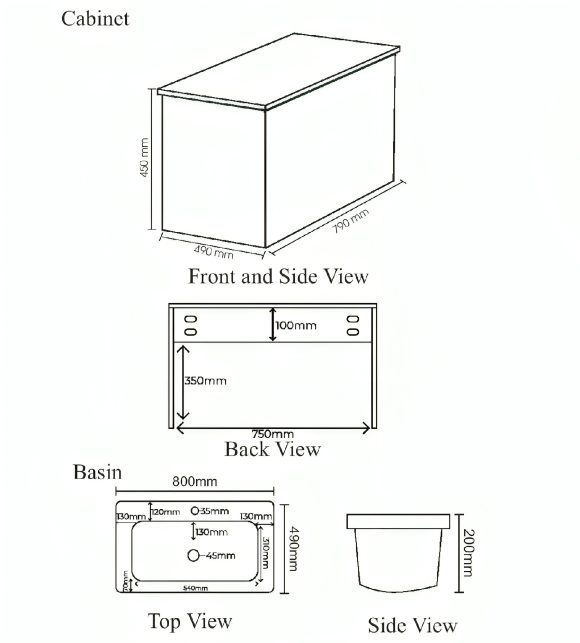 Technical drawings and measurements of a cabinet, mirror, and basin.