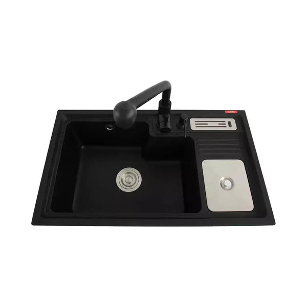 QUARTZ SINK 1.0 BOWL (DEPTH 9)WITH FA-04 LIQUID SOAP DISPENSER, FA-07 BASKET WASTE COUPLING & FA-02B QUARTZ FAUCET - FUTURA - ( BLACK - QUARTZ SERIES - 780x450 mm - 31.2inchX18inch )