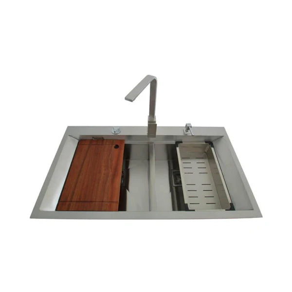 SS 1.2 MM THK KITCHEN SINK 2.0 BOWL (DEPTH 9INCH) WITH FA-02IS FAUCET+FA-07IS LIQ SOAP DISP+FA-08IS COLANDER BASKET+FA-09IS CHOPPING BOARD WITH FA-16IS WASTE COUPLING WITH AUTO DAINER KIT & OVERFLOW - FUTURA - ( BRUSH SS - HAND CARVED SERIES - 920x500 mm