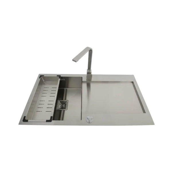 1.0 BOWL WITH DRAIN BOARD (DEPTH 9), FA-02IS - FAUCET , FA-08IS - COLANDER BASKET , FA-15IS - SQUARE WASH COUPLING W/AUTO DRAINER KIT & OVERFLOW - FUTURA - ( BRUSHED FINISH - INTELLIGENT SINK - 975x500 mm - 39inchX20inch )