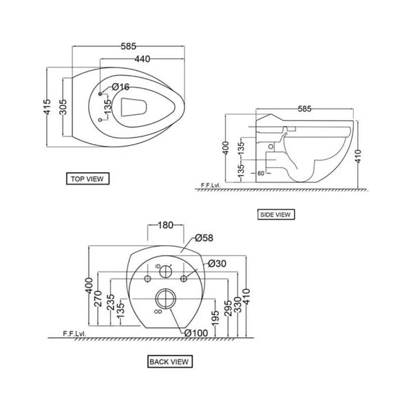 (PRUN)WALL HUNG WC W/SEAT COVER ( BOLT DISTANCE 7INCH)- JAQUAR SWARE - ( - - 0x0 mm - 0inchX0inch )