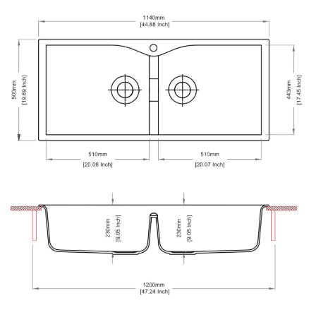 QUARTZ 2.0 BOWL W/O DRAIN BOARD (DEPTH 9INCH) - CARYSIL -  ( GRANITE METALLIC NERA - LARGO - 1140x500 mm - 45inchX20inch )