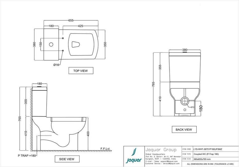 WC BLOW W/CISTERN FOR COUPLED P TRAP-180MM W/UF SFT CLS SLIM/ST CV - JAQUAR SWARE - ( WHITE - LYRIC - 380x655x765 mm - 15.2inchX26.2inchX30.6inch )