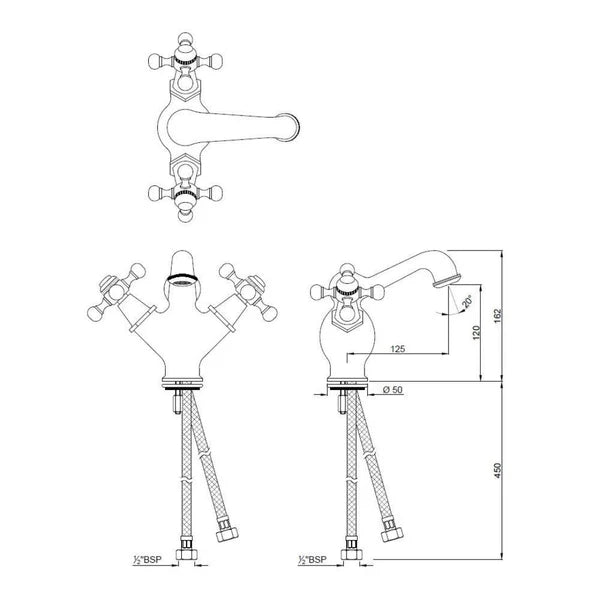 (PRUN) C.H. BASIN MIXER W.BRAIDED PIPE - JAQUAR FAUCETS -  ( GOLD - QUEENS - 0x15 mm - 0inchX0.6inch )