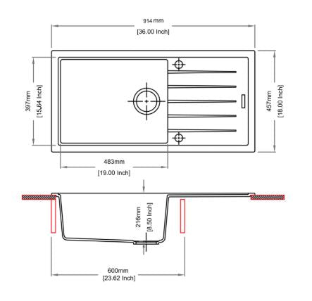 QUARTZ 1.0 BOWL WITH DRAINBOARD(DEPTH 8INCH) - CARYSIL - ( GRANITE METALLIC NERA - VIVALDI - 914.4x457.2 mm - 36inchX18inch )