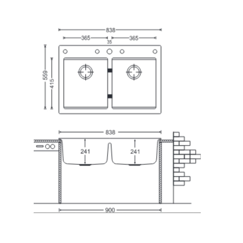 QUARTZ 2 BOWL W/O DRAIN BOARD (DEPTH 8INCH) - CARYSIL -  ( GRANITE CRATER - WALTZ 3322 - 838x559 mm - 33inchX22inch )