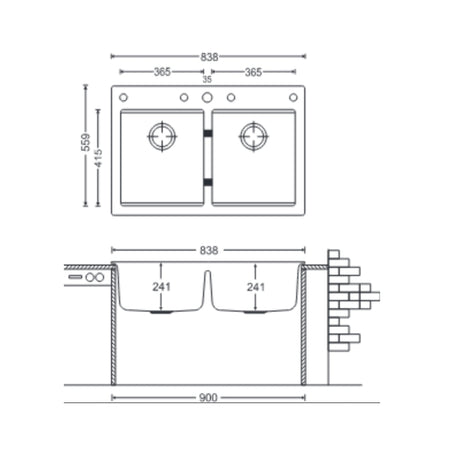 QUARTZ 2 BOWL W/O DRAIN BOARD (DEPTH 8INCH) - CARYSIL -  ( GRANITE METALLIC NERA - WALTZ 3322 - 838x559 mm - 33inchX22inch )