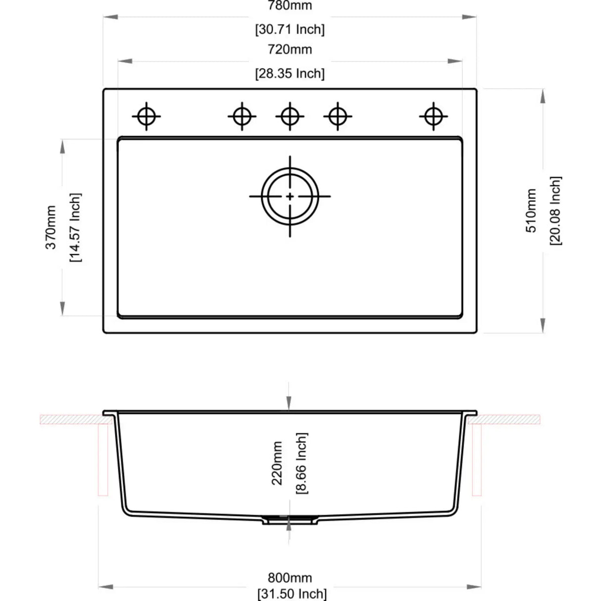 STD SINGLE BOWL(DEPTH 9INCH) - CARYSIL -  ( GRANITE CORNFLAKES - WALTZ-780 - 780x510 mm - 31inchX20inch )