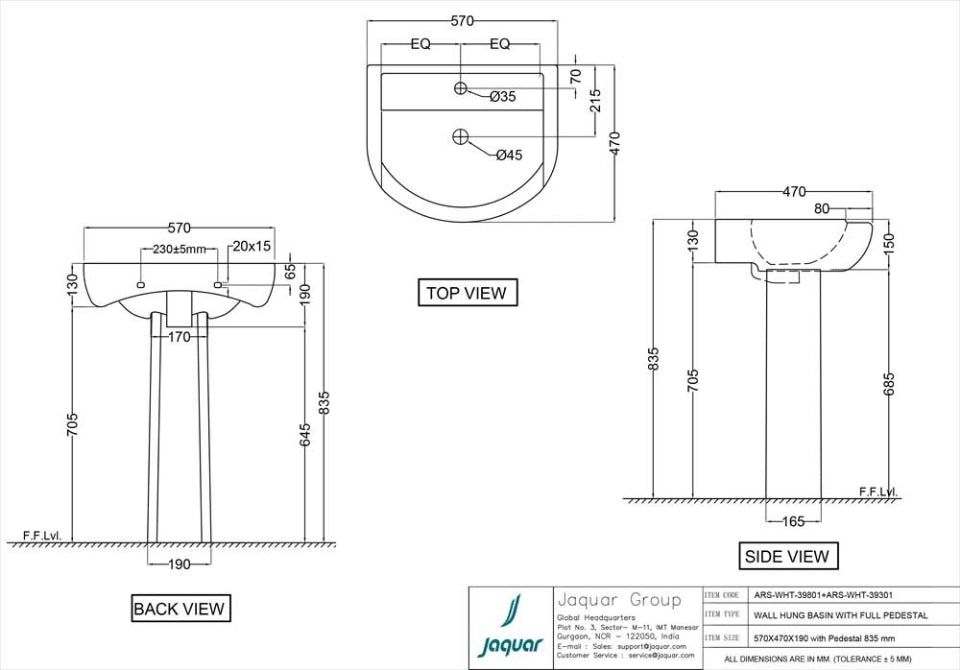WASH BASIN WALL HUNG - JAQUAR SWARE - ( WHITE - ARIA - 560x480 mm - 22.5inchX19inch )