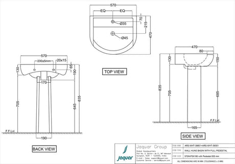 WASH BASIN WALL HUNG - JAQUAR SWARE - ( WHITE - ARIA - 560x480 mm - 22.5inchX19inch )