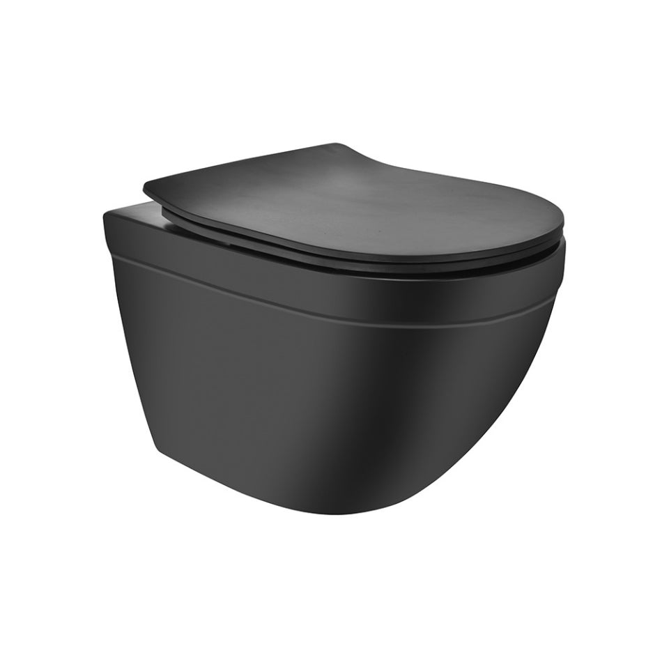 RIMLESS, BLIND INSTALLATION WALL HUNG WC WITH UF SOFT CLOSE SLIM SEAT COVER, HINGES AND ACCESSORIES SET (BOLT DISTANCE 7 INCH) - JAQUAR SWARE - (BLACK MATT - SOLO - 375x520x360 mm - 15inchX20.8inchX14.4inch)