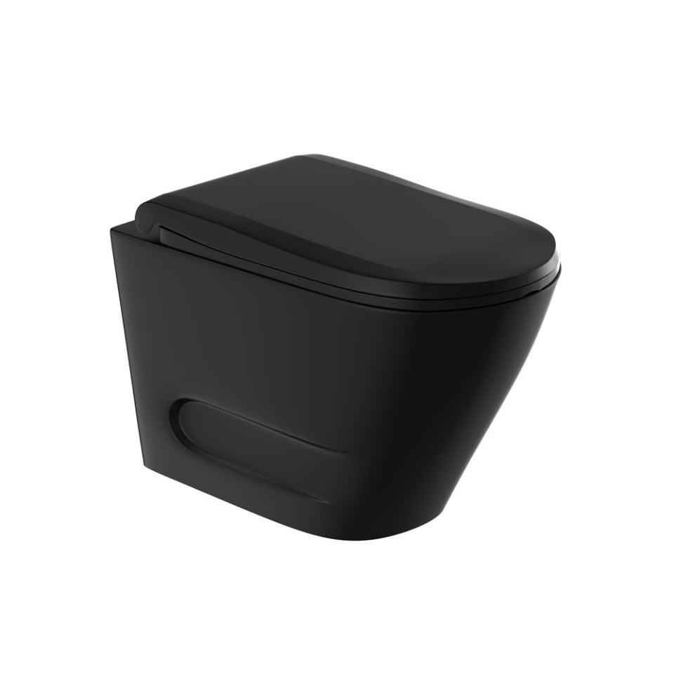 RIMLESS BLIND INSTALLATION WALL HUNG WC WITH UF SOFT CLOSE SEAT COVER,HINGES & ACCESSORIES SET (BOLT DISTANCE 7 INCH)- JAQUAR SWARE - ( BLACK MATT - OPAL PRIME - 370x510 mm - 14.8inchX20.4inch )