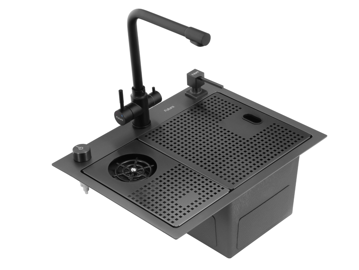 1.0 BOWL WITH GR-006 - GLASS RINSER,FA-4IS FAUCET & SMALL DRAINER KIT (DEPTH 8.8INCH)- FUTURA -  ( BLACK - GLASS RINSER SINK - 550x430 mm - 21inchX17.2inch )
