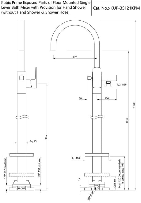 EXPOSED PARTS OF FLOOR MOUNTED SINGLE LEVER BATH MIXER WITH PROVISION FOR HAND SHOWER (COMPATIBLE WITH ALD-121)- JAQUAR FAUCETS - ( BLACK MATT - KUBIX PRIME - 0x15 mm - 0inchX0.5inch )