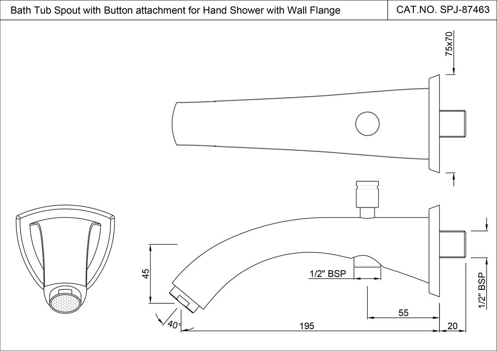 BATH TUB SPOUT WITH BUTTON ATTACHMENT FOR HAND SHOWER WITH WALL FLANGE - JAQUAR FAUCETS -  ( BLACK CHROME - SPOUT - 0x15 mm - 0inchX0.5inch )