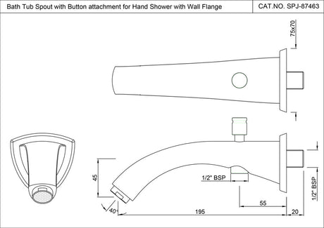 BATH TUB SPOUT WITH BUTTON ATTACHMENT FOR HAND SHOWER WITH WALL FLANGE - JAQUAR FAUCETS - ( BLACK CHROME - SPOUT - 0x15 mm - 0inchX0.5inch )