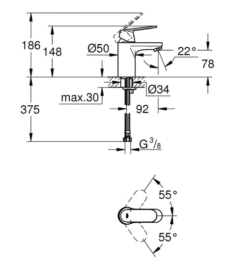 EUROSMART COSMOPOLITAN 1-HANDLE BASIN MIXER WITHOUT POP UP, S SIZE - GROHE -  ( CHROME - G3 - EUROSMART - 0x10 mm - 0inchX0.38inch )