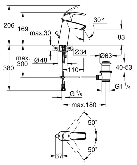 EUROSMART 2015 1-HANDLE BASIN MIXER WITH POP UP, M SIZE - GROHE -  ( CHROME - G3 - EUROSMART - 0x10 mm - 0inchX0.38inch )