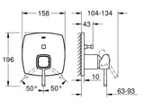 Technical drawing of a shower head and control valve with dimensions