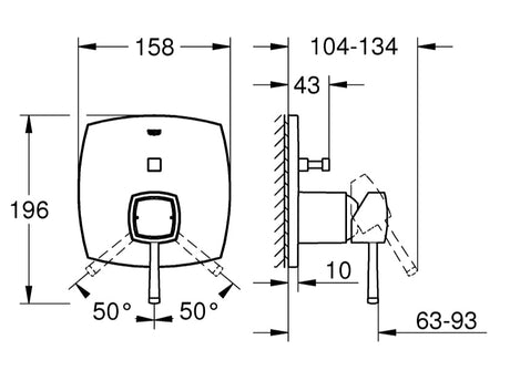 Technical drawing of a shower head and control valve with dimensions