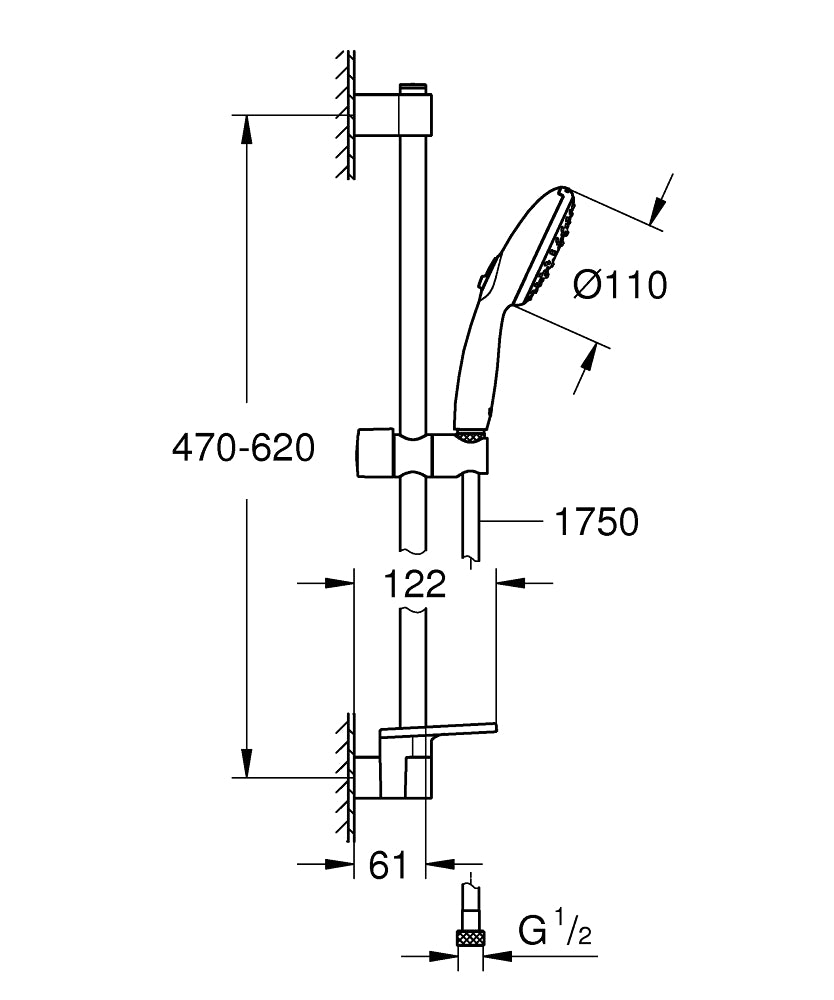 TEMPESTA 110 SHOWER RAIL SET 3-SPRAY, 600MM, WITH TRAY - GROHE -  ( CHROME - G3 - TEMPESTA - 0x15 mm - 0inchX0.6inch )
