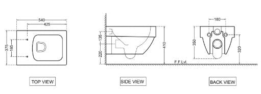 RIMLESS WALL HUNG WC WITH UF SOFT CLOSE SLIM SEAT COVER, HINGES, ACCESSORIES SET -  ( WHITE - LINEA - 540x370 mm - 14.8inchX0inch )