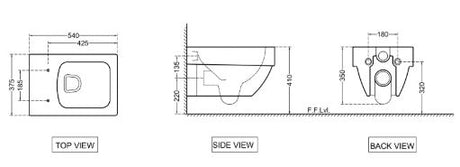 RIMLESS WALL HUNG WC WITH UF SOFT CLOSE SLIM SEAT COVER, HINGES, ACCESSORIES SET -  ( WHITE - LINEA - 540x370 mm - 14.8inchX0inch )
