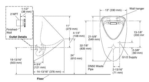 W/H URINAL WITH REAR INLET - KOHLER PREMIUM -  ( WHITE - PREMIUM - 376x330 mm - 15inchX13inch )