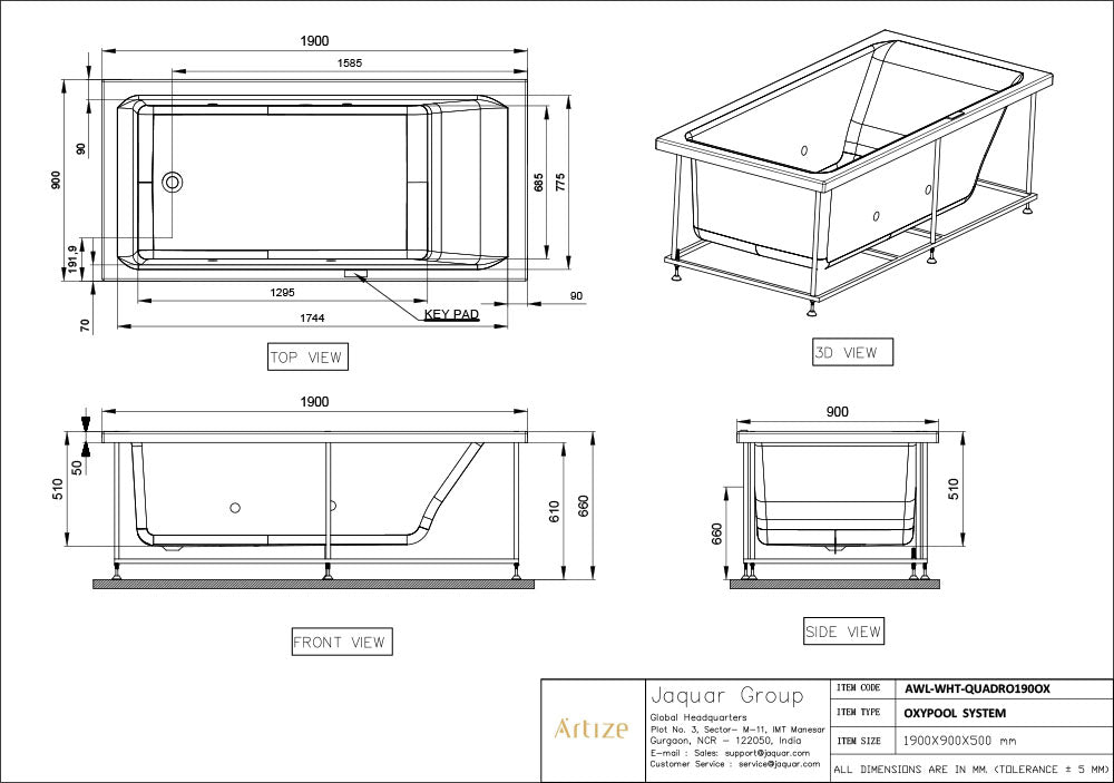 QUADRO FRONT PANEL TEXTURED GREY SUITABLE FOR LEXA AND QUADRO BATH TUB - ARTIZE WELLNESS -  ( GREY - QUADRO - 0x15 mm - 0inchX0.5inch )