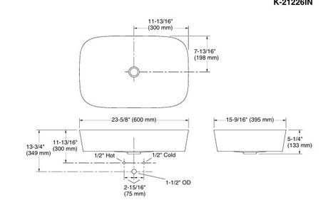 MODERN LIFE EDGE T/M RECTANGULAR VESSEL BATHROOM SINK, NO OVERFLOW - KOHLER LUXURY -  ( HONED BLACK - LUXURY - 600x396 mm - 24inchX15.84inch )