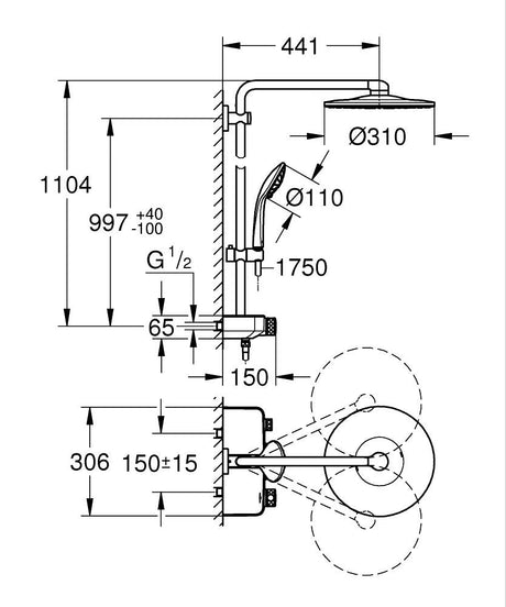 EUPHORIA SMARTCONTROL 310 ROUND THERMOSTATIC SHOWER SYSTEM (3 CONTROL)WALL MOUNTING - GROHE -  ( WARM SUNSET - G4 - EUPHORIA SYSTEM - 0x15 mm - 0inchX0.5inch )