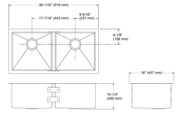 STRIVE TM SS DOUBLE BOWL UNDERMOUNT FABRICATED (DEPTH 10.16 INCH)W/STRAINER - KOHLER LUXURY -  (  - LUXURY - 914x457 mm - 36.56inchX18.28inch )