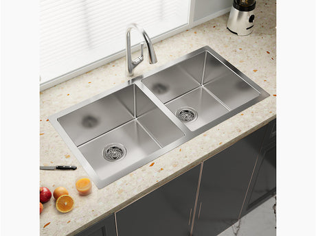 STRIVE TM SS DOUBLE BOWL UNDERMOUNT FABRICATED (DEPTH 10.16 INCH)W/STRAINER - KOHLER LUXURY -  (  - LUXURY - 914x457 mm - 36.56inchX18.28inch )
