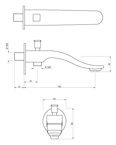 TIAARA BATH TUB SPOUT WITH FLANGE - ARTIZE FAUCET -  ( CHROME - SPOUT - 0x15 mm - 0inchX0.5inch )