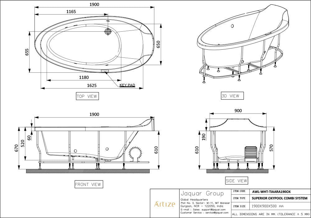 TIAARA C SHAPE LEFT SIDE PANEL TEXTURED GREY SUITABLE FOR BUILT-IN BATHTUB & WHIRLPOOL - ARTIZE WELLNESS -  ( GREY - TIAARA - 0x15 mm - 0inchX0.5inch )